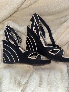 Salvatore Ferragamo Black and Cream Wedge Sandals